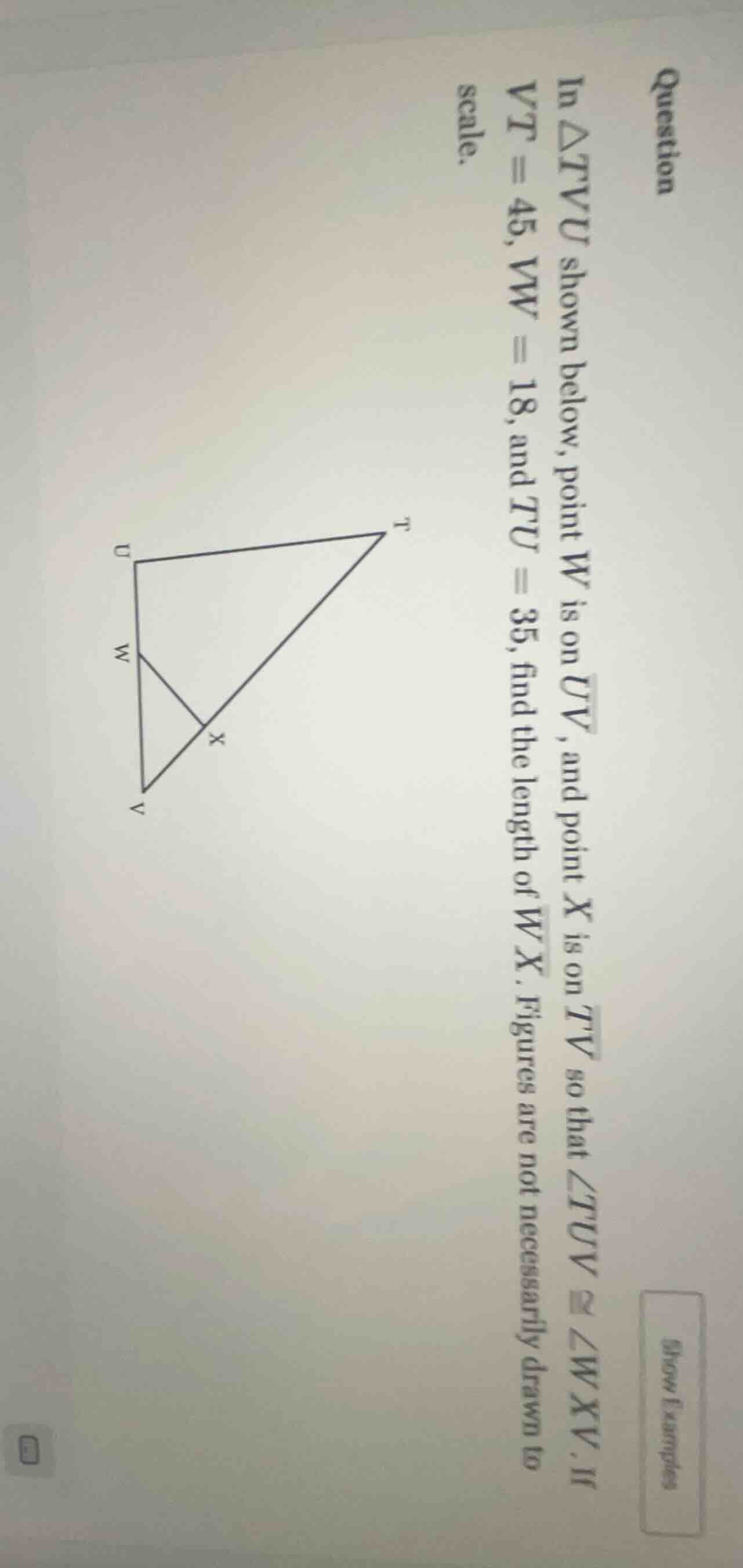 question in $\\triangle tvu$ shown below, point $w$ is on $\\overline{u…