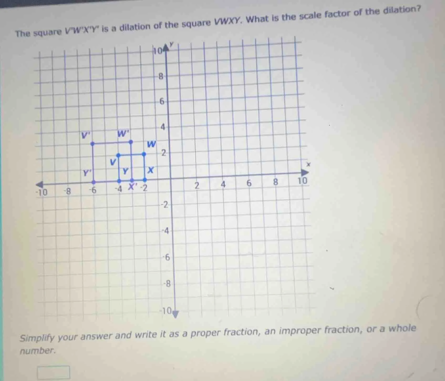 the square vwxy is a dilation of the square vwxy. what is the scale fac…