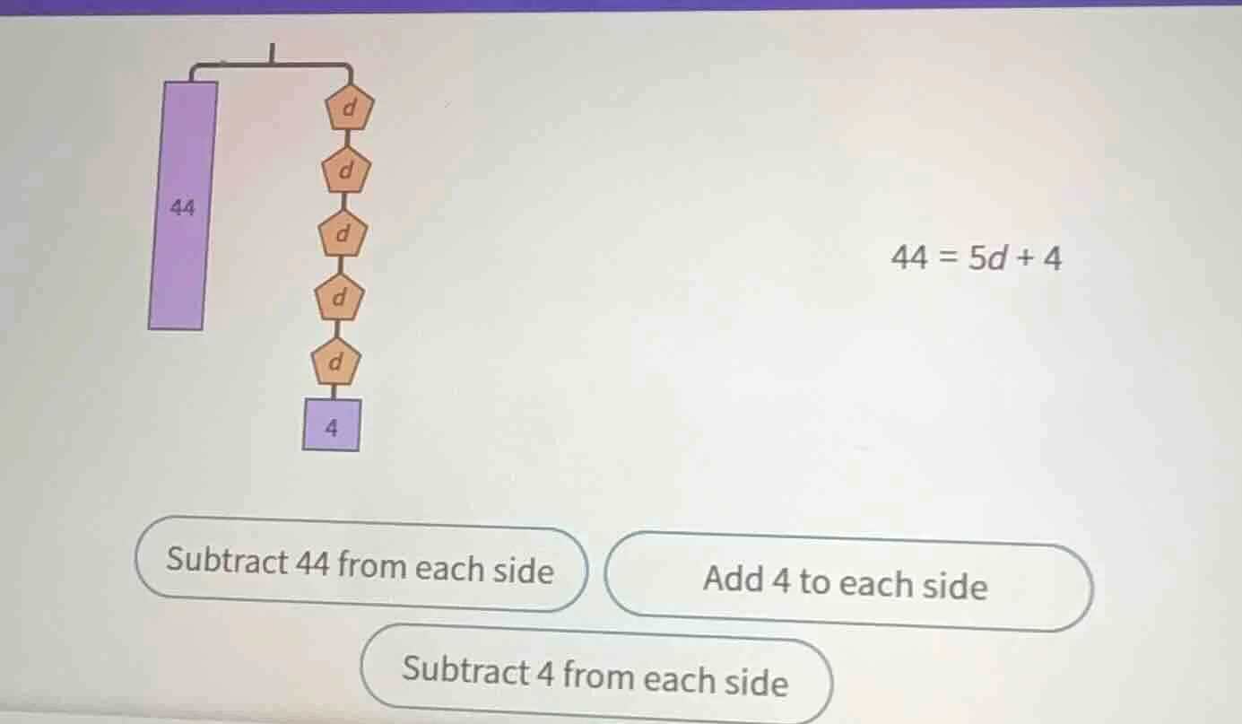 44 = 5d + 4 subtract 44 from each side add 4 to each side subtract 4 fr…