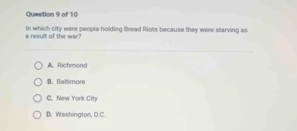 question 9 of 10 in which city were people holding bread riots because …