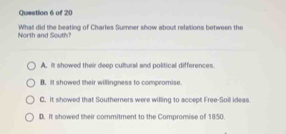 question 6 of 20 what did the beating of charles sumner show about rela…