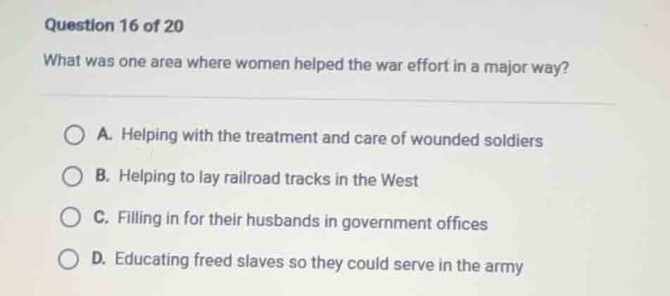 question 16 of 20 what was one area where women helped the war effort i…