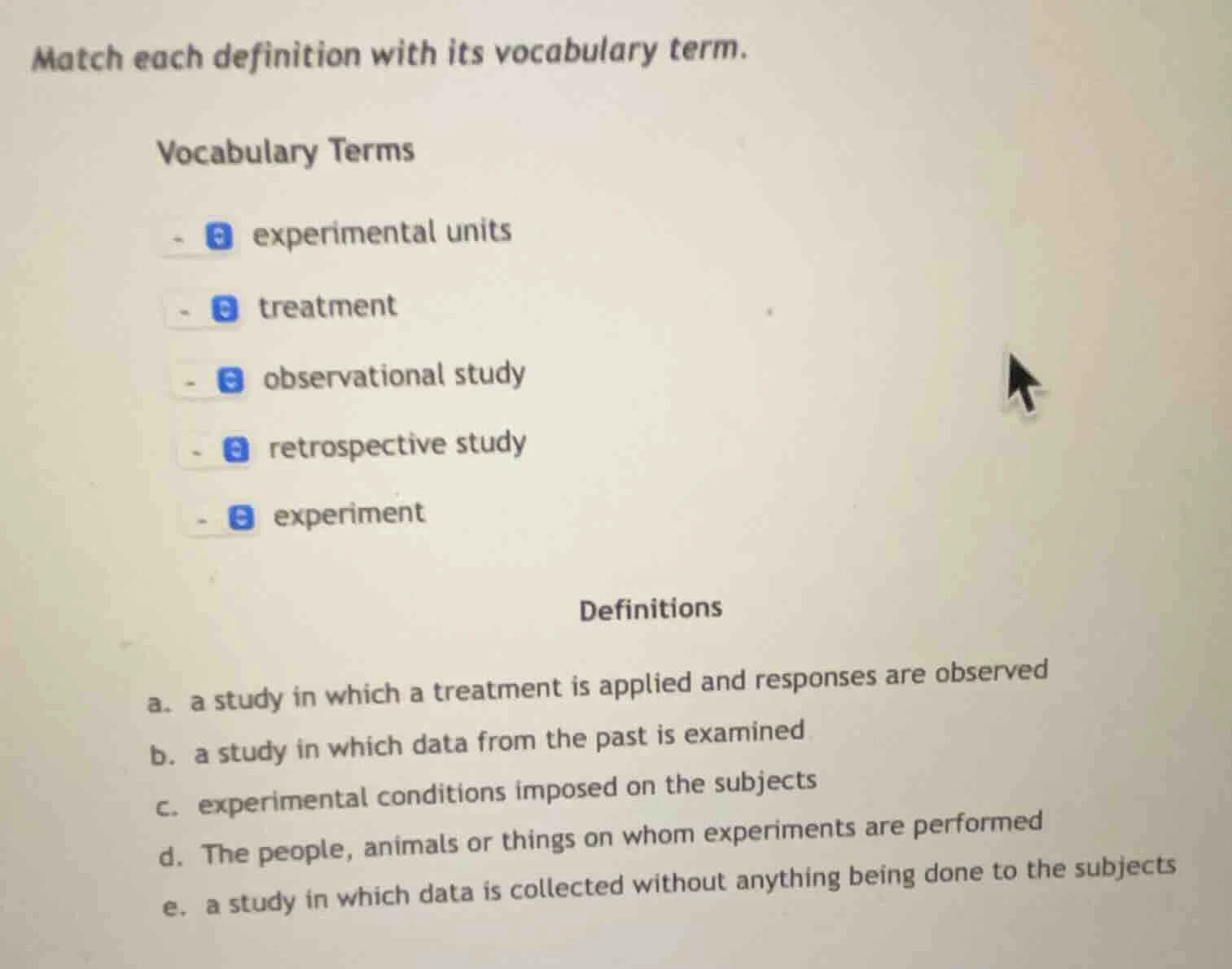 match each definition with its vocabulary term. vocabulary terms - expe…