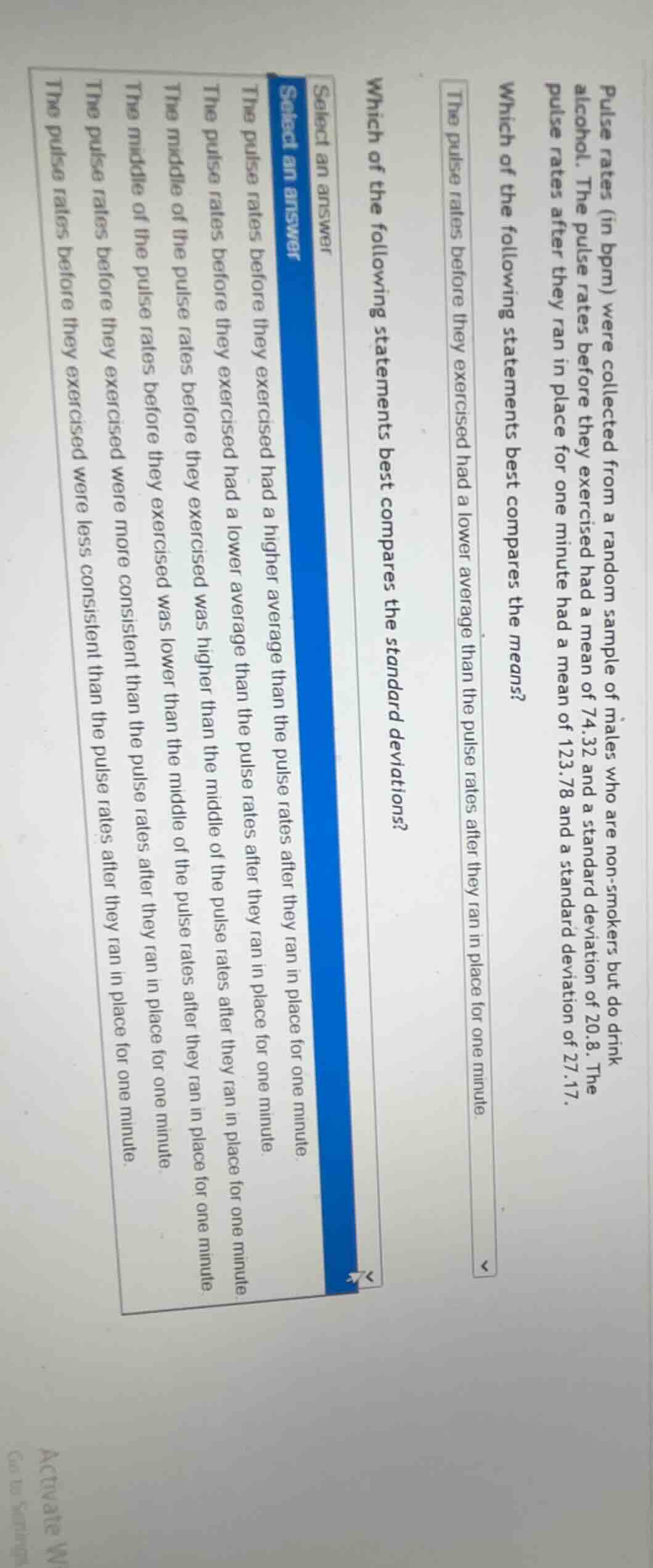 pulse rates (in bpm) were collected from a random sample of males who a…