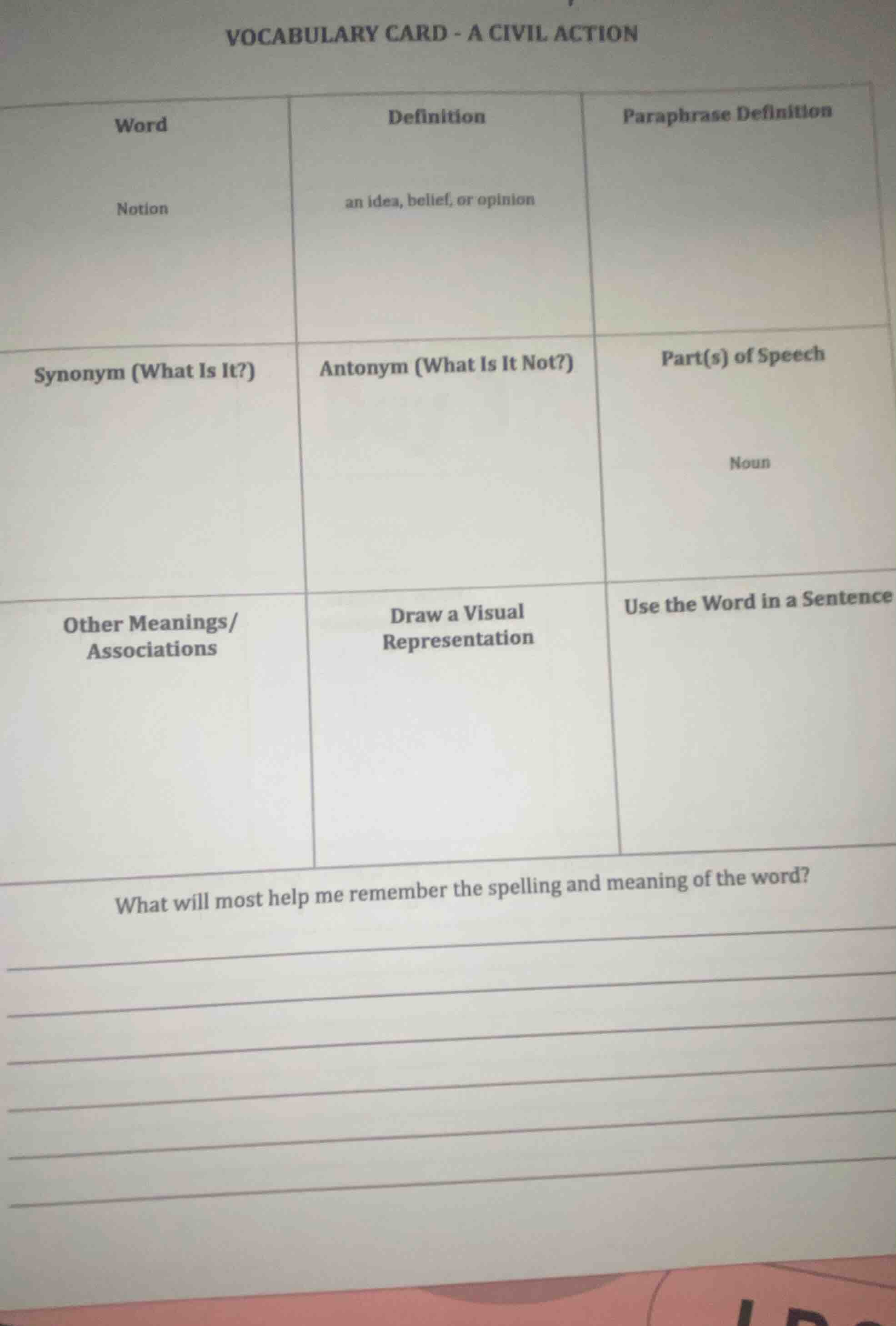 vocabulary card - a civil action word: notion definition: an idea, beli…