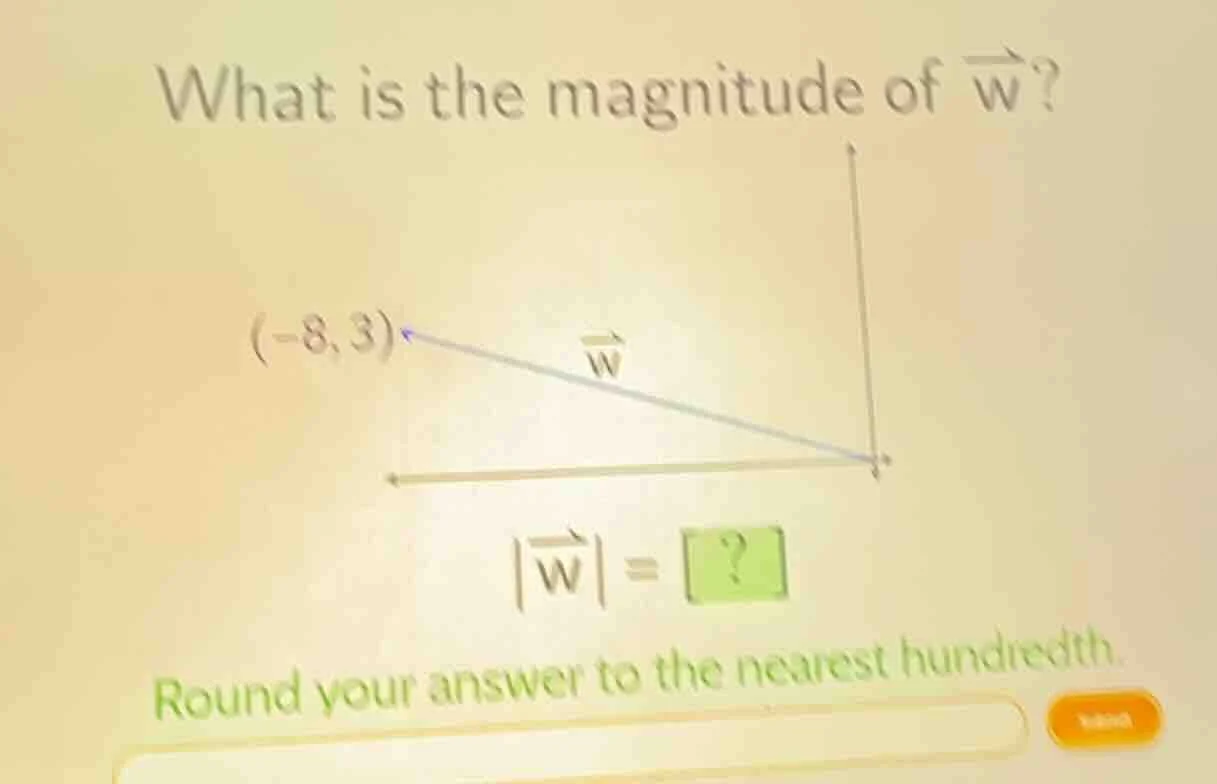 what is the magnitude of \\(vec{w}\\)?\\((-8, 3)\\)\\(vec{w}\\)\\(|vec{…