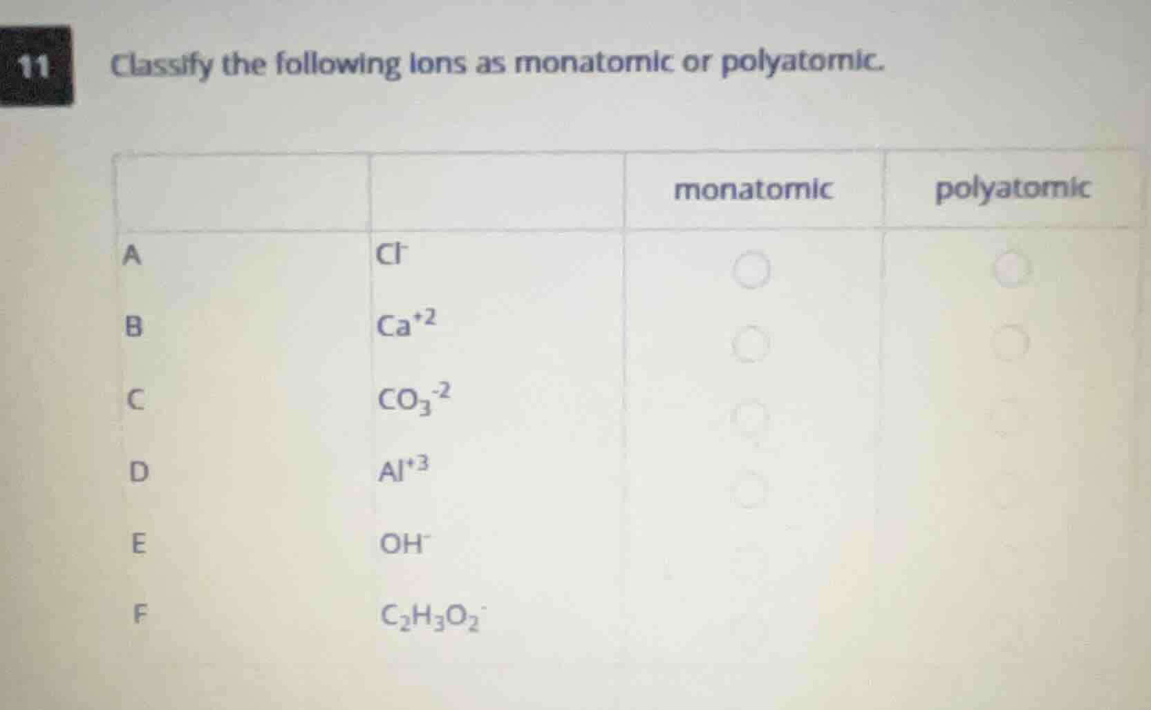 11 classify the following ions as monatomic or polyatomic. a: cl⁻, b: c…