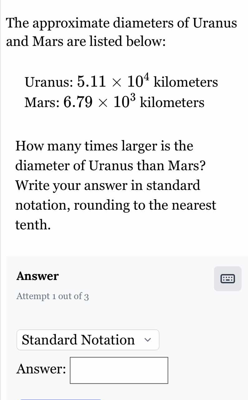the approximate diameters of uranus and mars are listed below: uranus: …