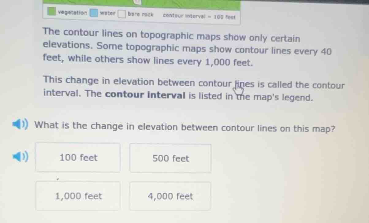 vegetation water bare rock contour interval = 100 feet the contour line…