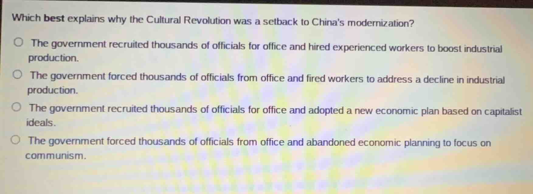 which best explains why the cultural revolution was a setback to chinas…