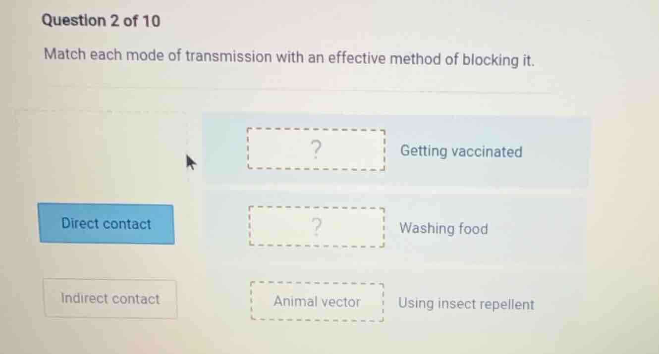 question 2 of 10 match each mode of transmission with an effective meth…