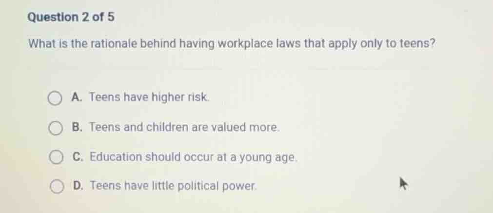 question 2 of 5 what is the rationale behind having workplace laws that…
