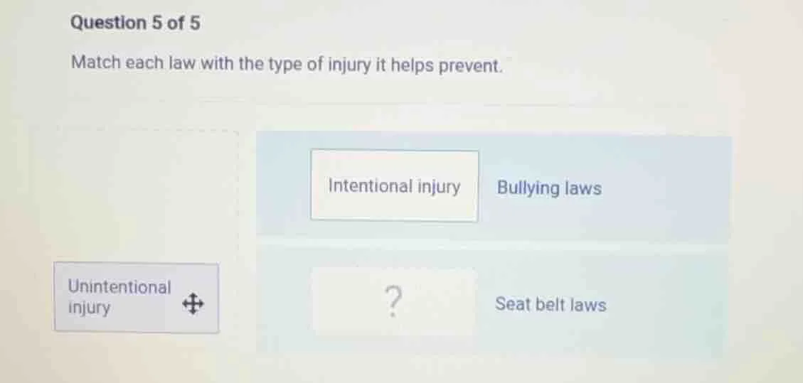 question 5 of 5 match each law with the type of injury it helps prevent…