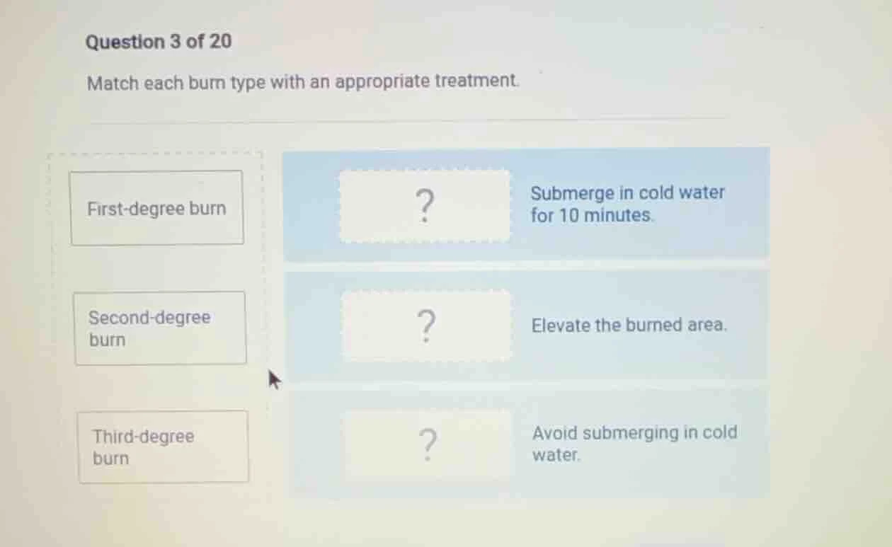 question 3 of 20 match each burn type with an appropriate treatment. fi…
