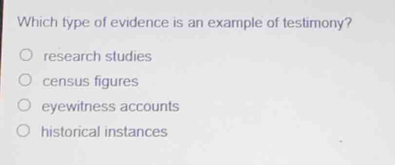 which type of evidence is an example of testimony? research studies cen…