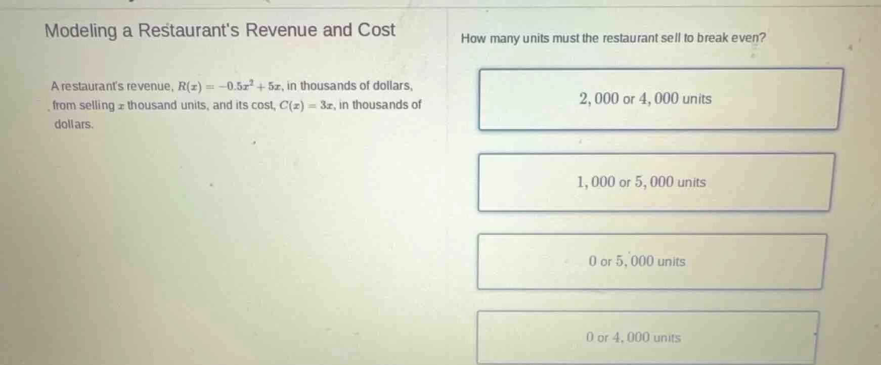 modeling a restaurants revenue and cost a restaurant’s revenue, $r(x) =…