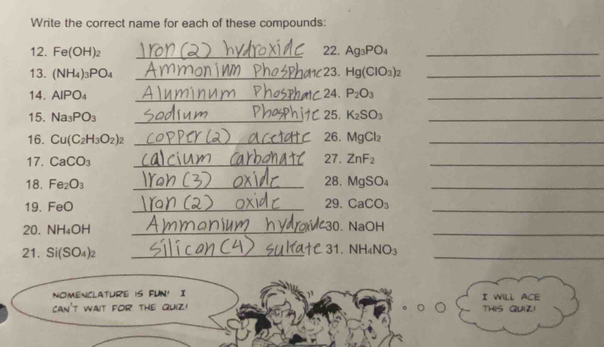 write the correct name for each of these compounds: 12. fe(oh)₂ 13. (nh…