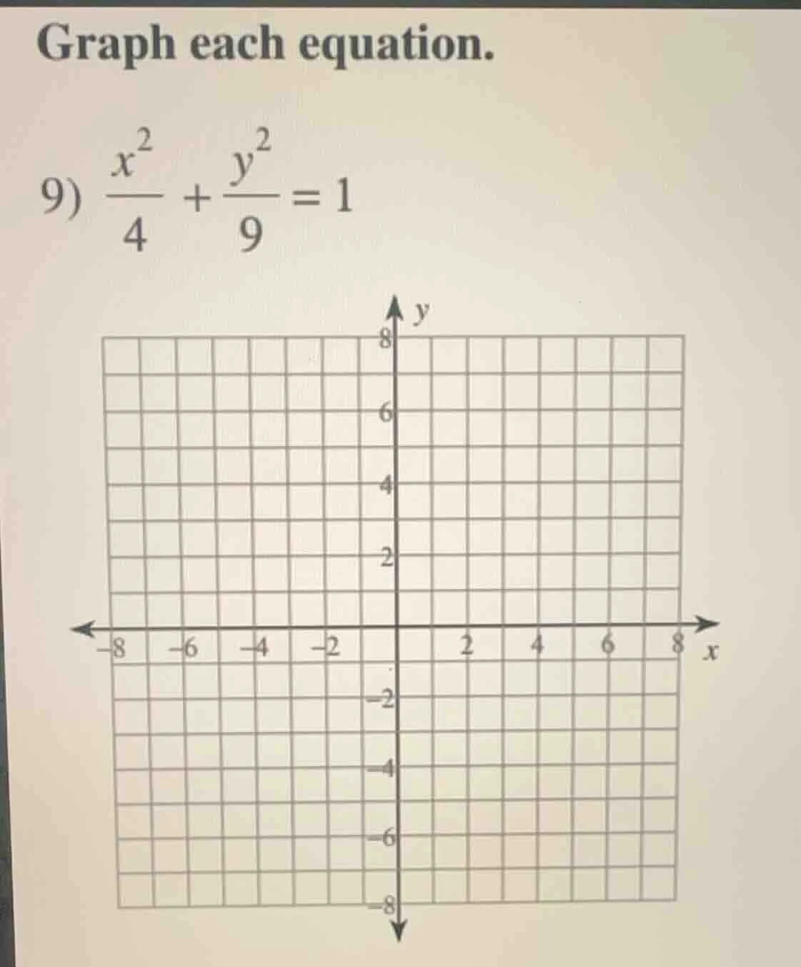 graph each equation. 9) \\(\\frac{x^2}{4} + \\frac{y^2}{9} = 1\\)