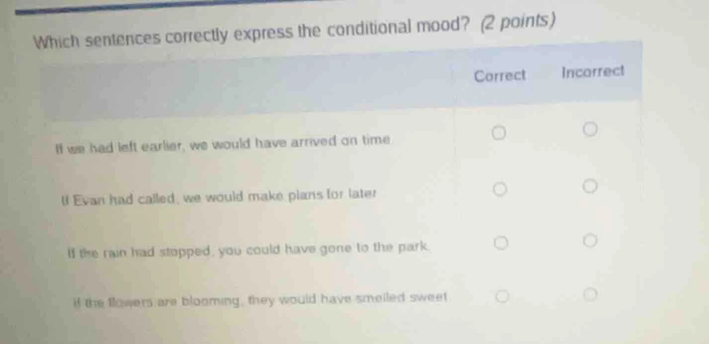 which sentences correctly express the conditional mood? (2 points) if w…