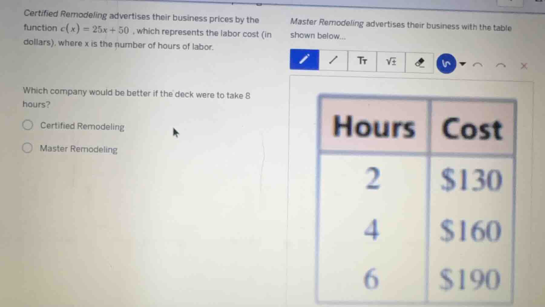 certified remodeling advertises their business prices by the function $…