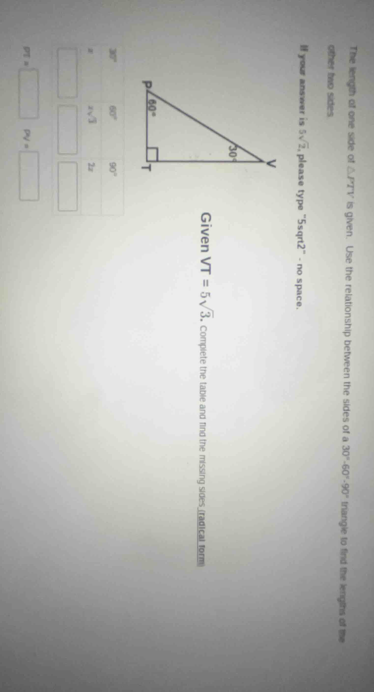 the length of one side of △ptv is given. use the relationship between t…