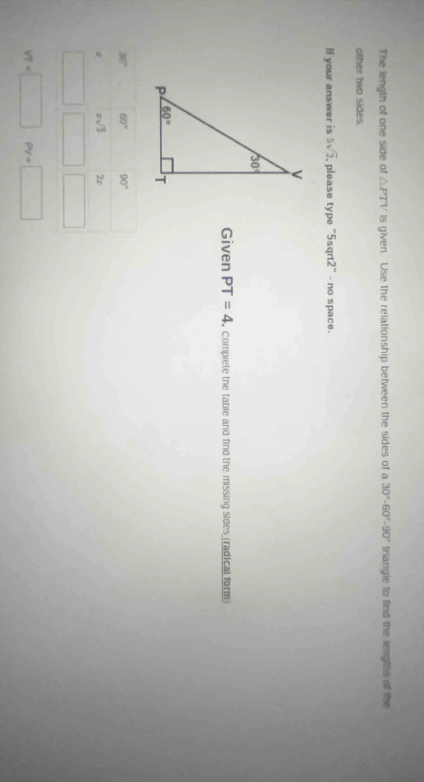 the length of one side of △prt is given. use the relationship between t…