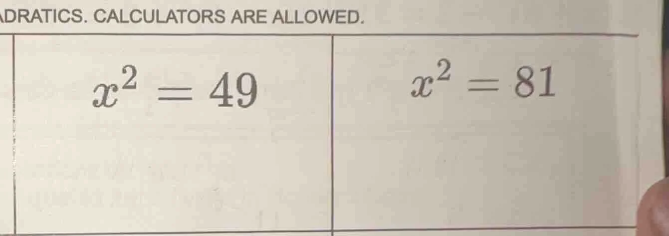 adratics. calculators are allowed. $x^2 = 49$ $x^2 = 81$