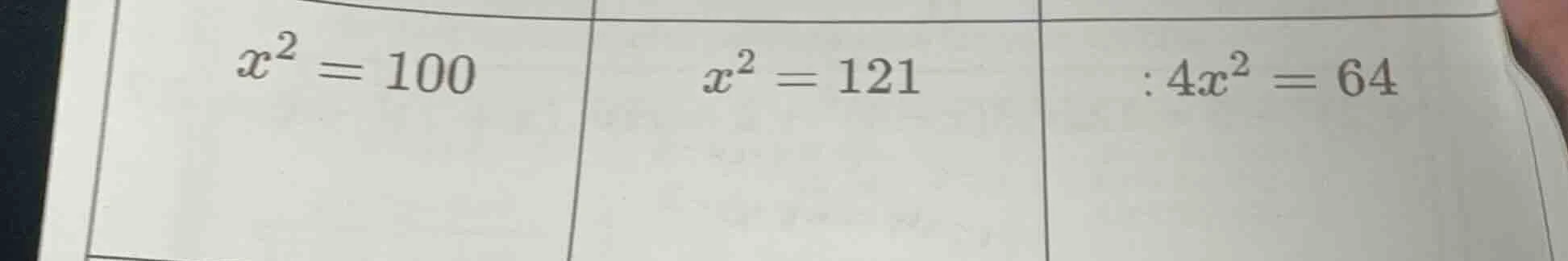 $x^2 = 100$; $x^2 = 121$; $4x^2 = 64$