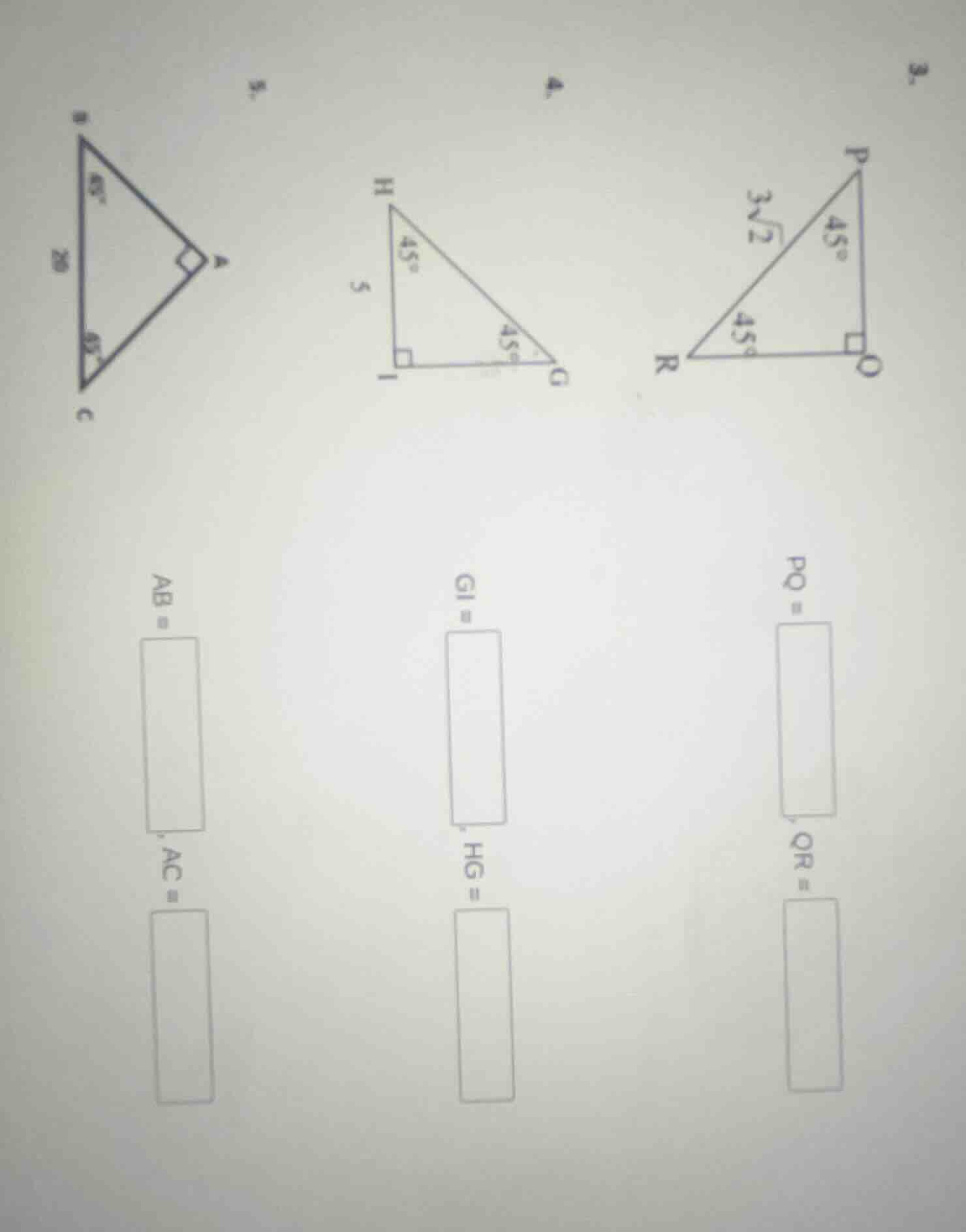 3. triangle pqr with right angle at q, angles at p and r are 45° each, …