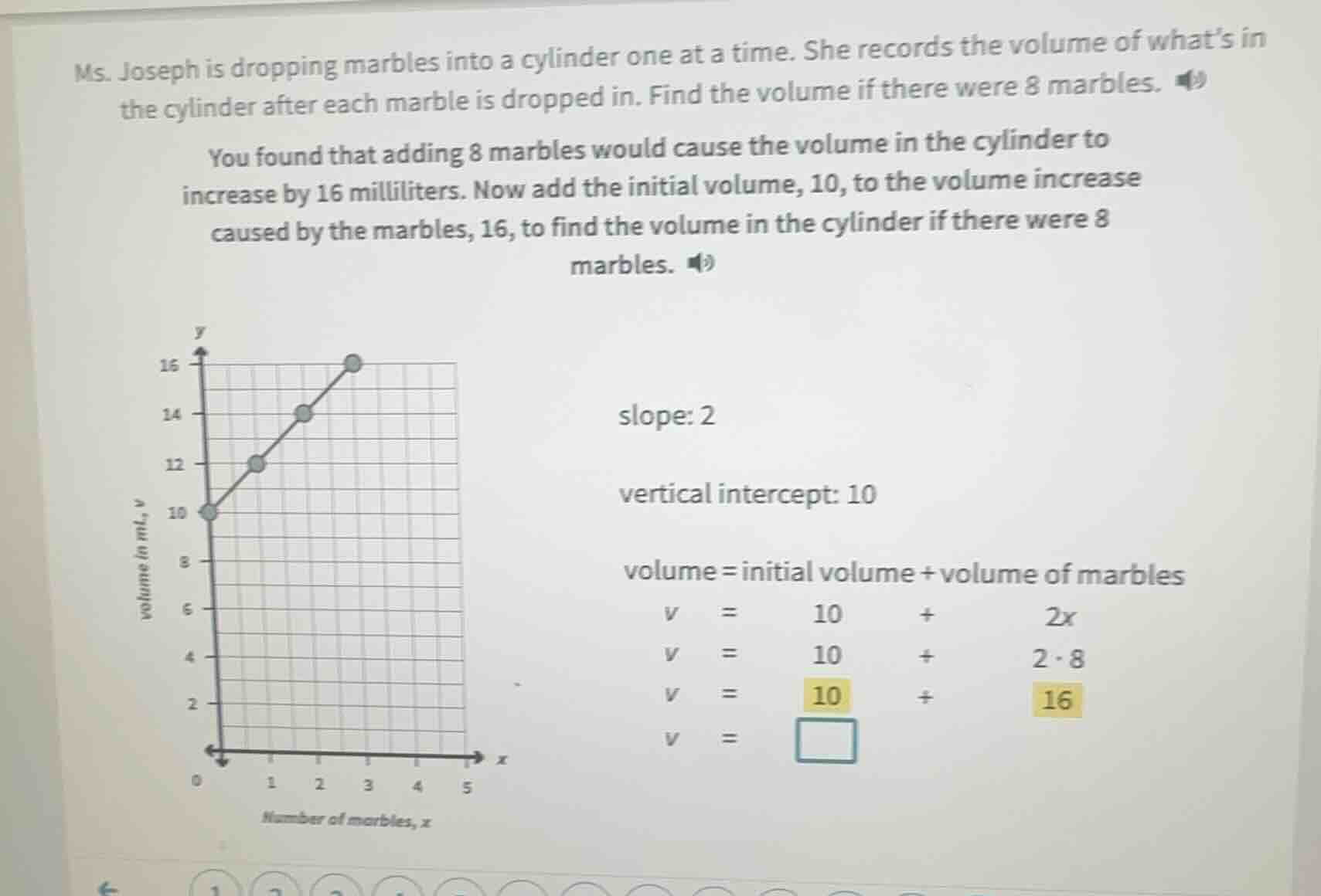 ms. joseph is dropping marbles into a cylinder one at a time. she recor…