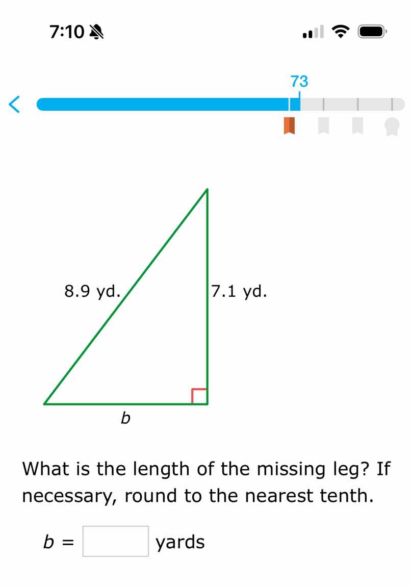 8.9 yd. 7.1 yd. b what is the length of the missing leg? if necessary, …