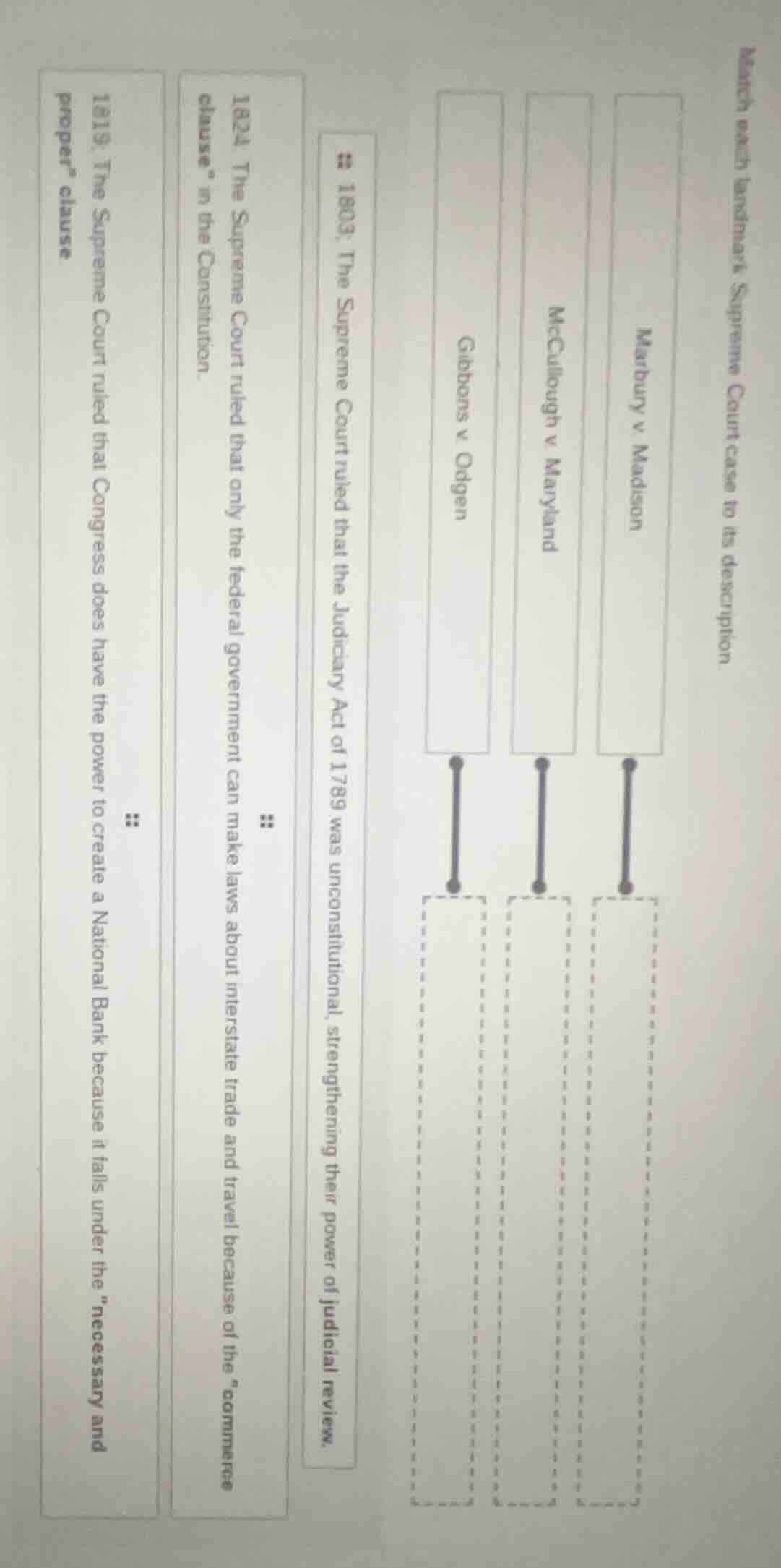 match each landmark supreme court case to its description marbury v. ma…