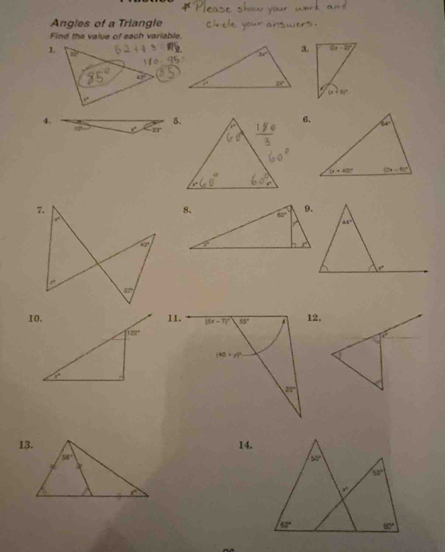 angles of a triangle find the value of each variable. *please show your…