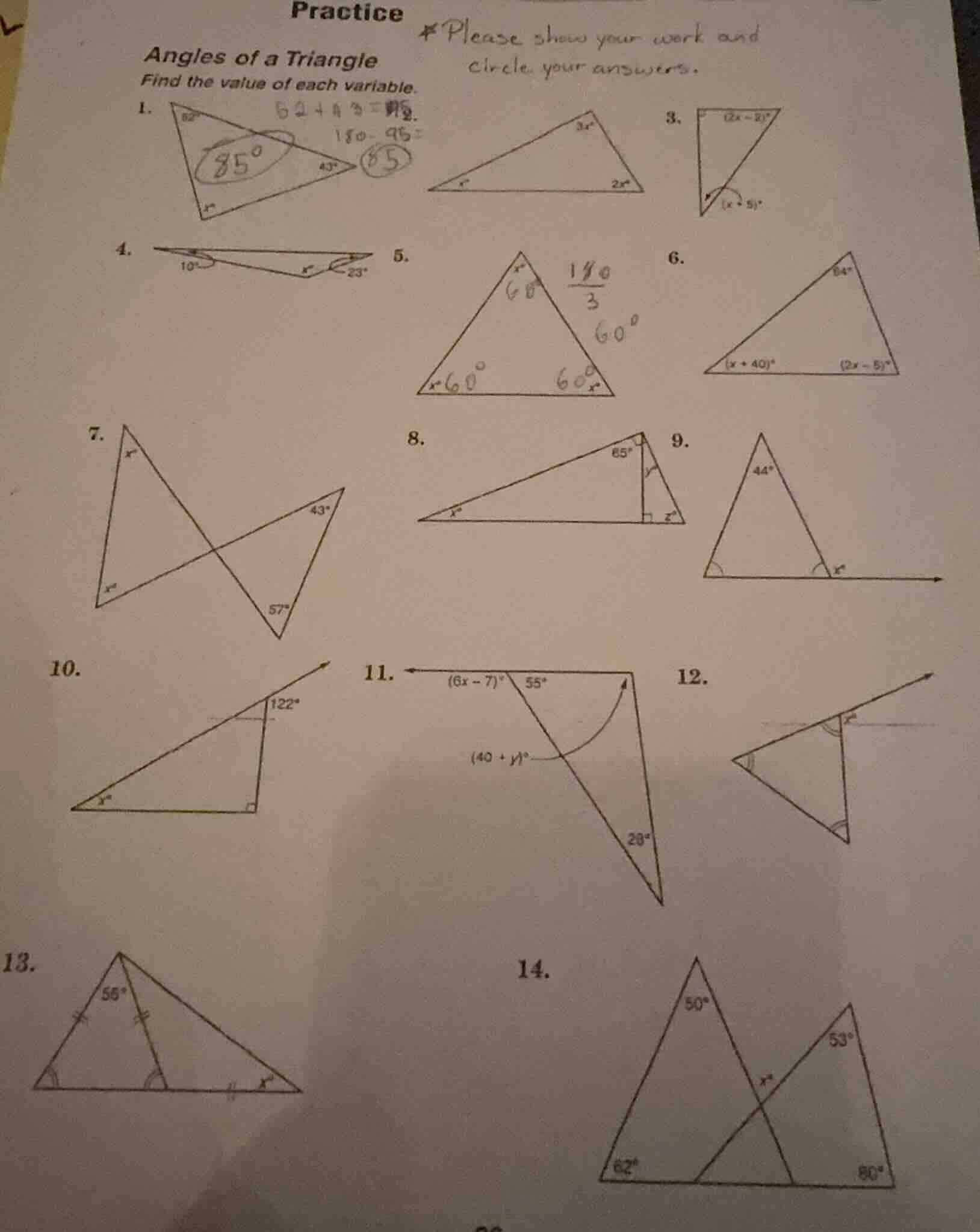 practice angles of a triangle find the value of each variable. *please …