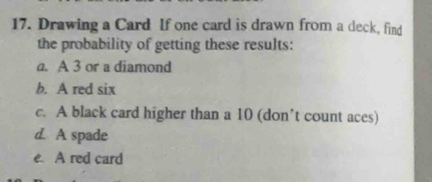 17. drawing a card if one card is drawn from a deck, find the probabili…