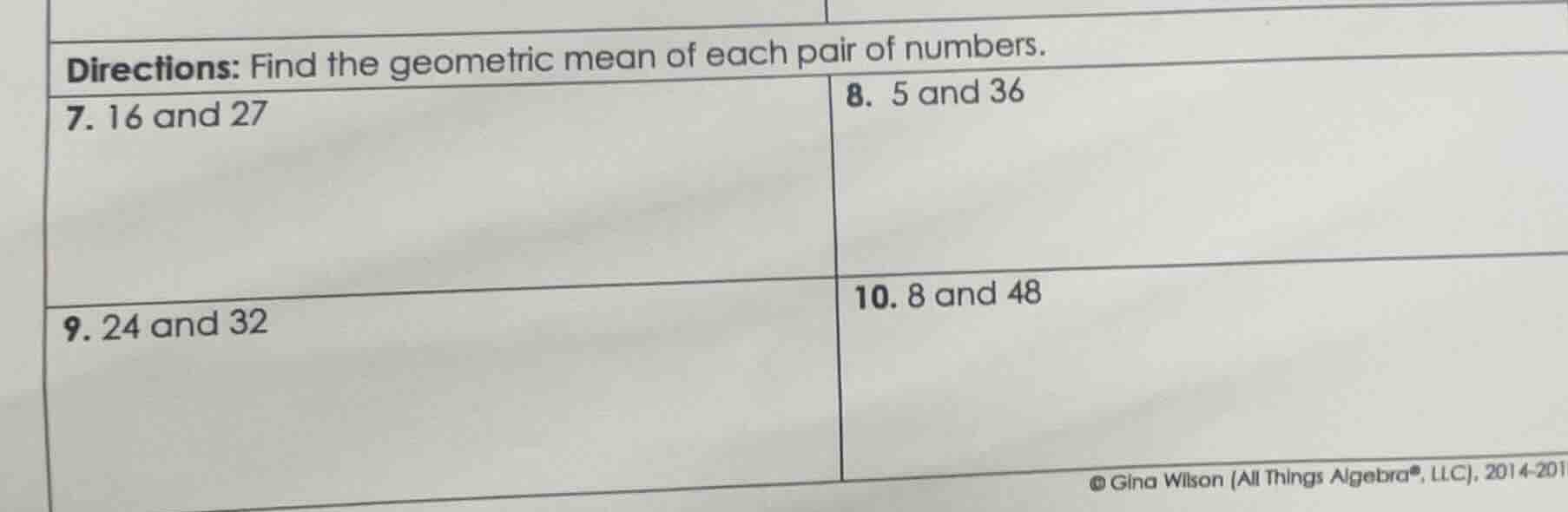 directions: find the geometric mean of each pair of numbers. 7. 16 and …