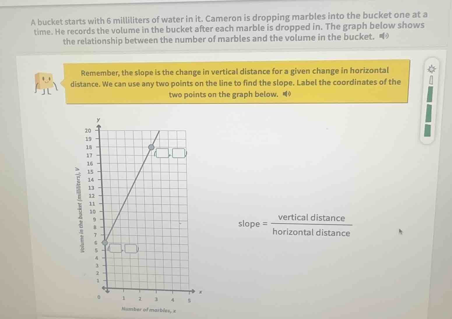 a bucket starts with 6 milliliters of water in it. cameron is dropping …