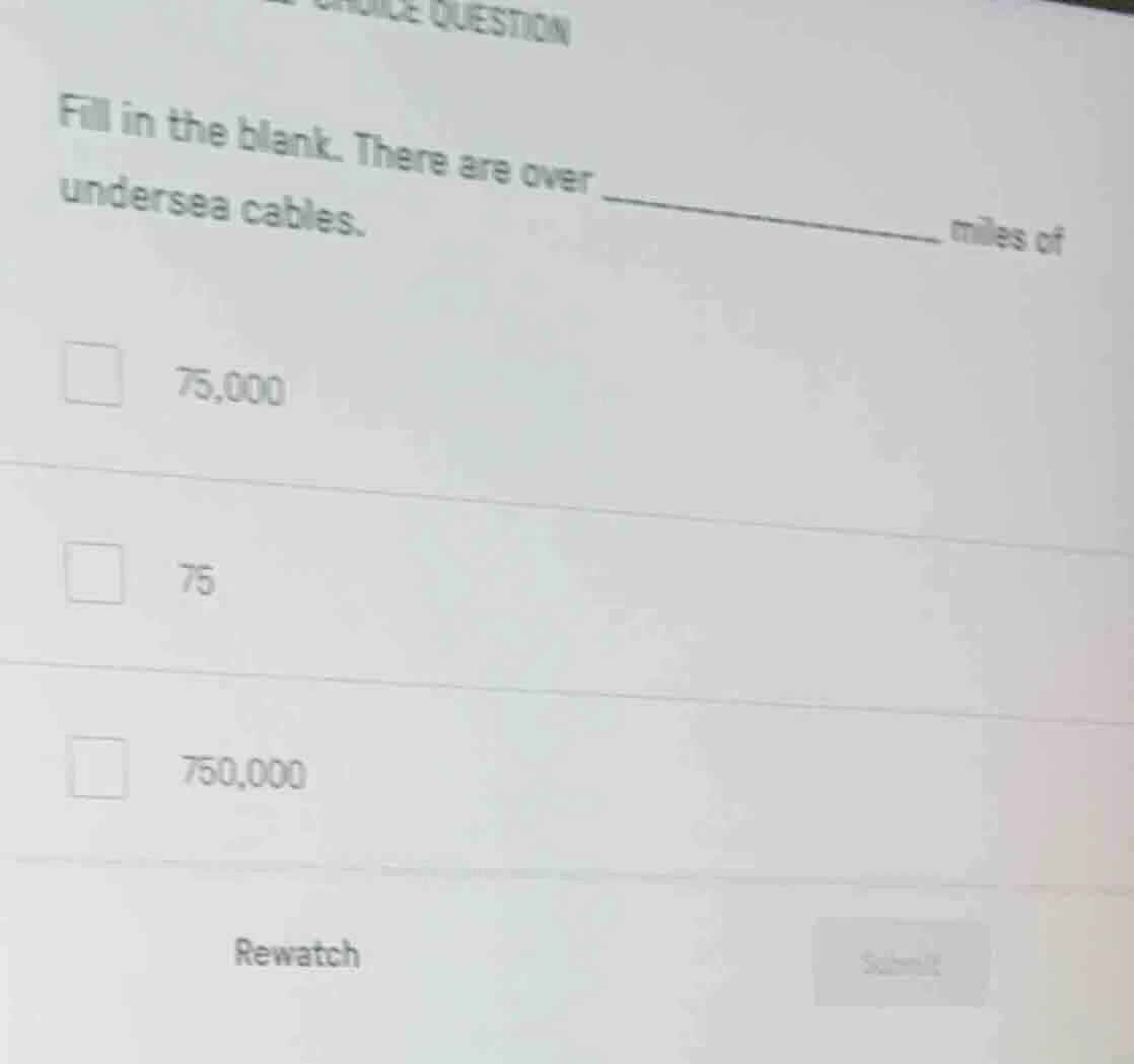 fill in the blank. there are over ______ miles of undersea cables. 75,0…