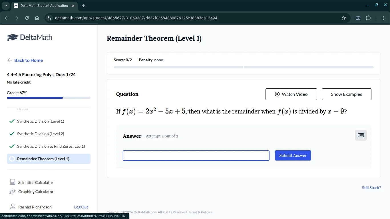 if $f(x) = 2x^2 - 5x + 5$, then what is the remainder when $f(x)$ is di…