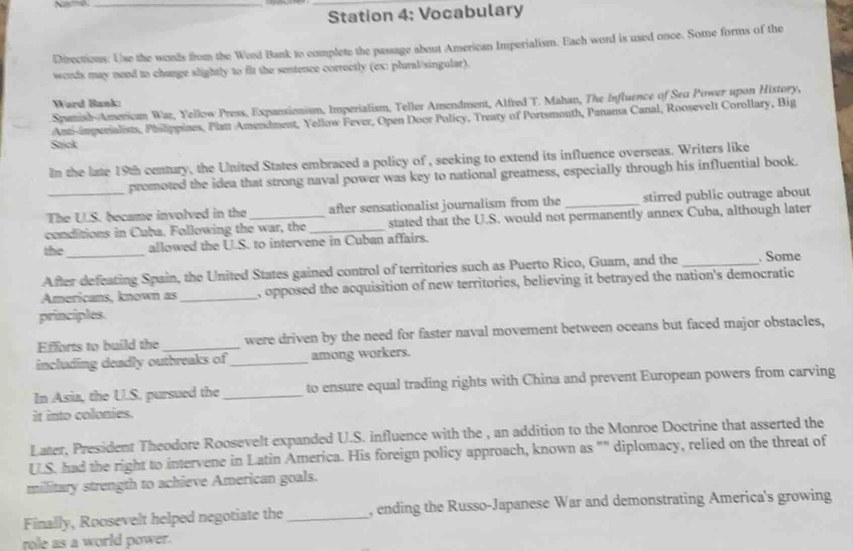 station 4: vocabulary directions: use the words from the word bank to c…