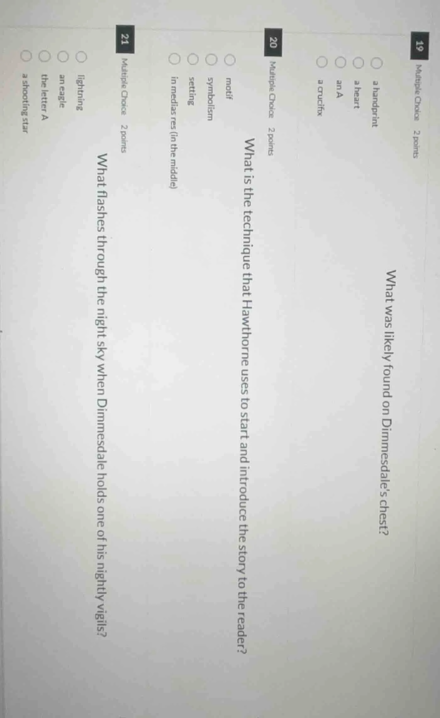 19 multiple choice 2 points what was likely found on dimmesdale’s chest…