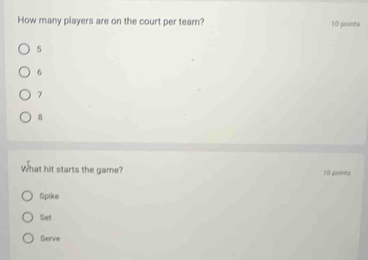 how many players are on the court per team? 5 6 7 8 what hit starts the…