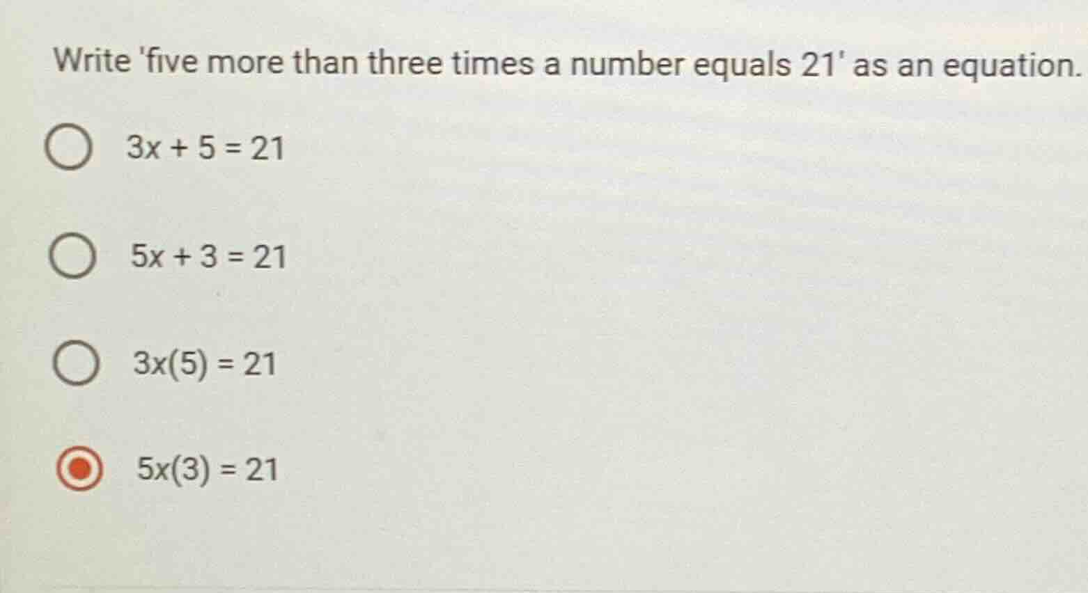 write five more than three times a number equals 21 as an equation. 3x …