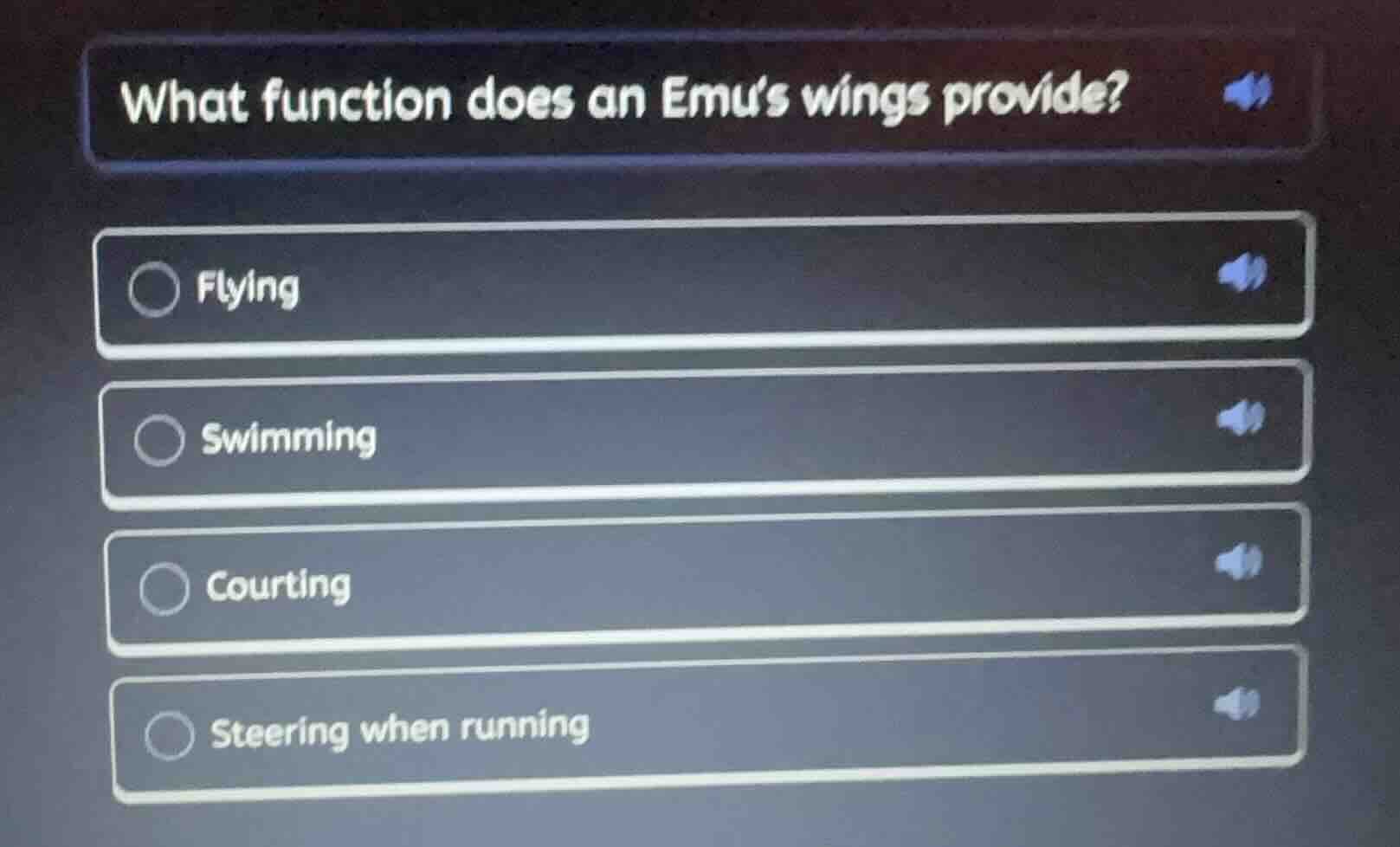 what function does an emus wings provide? flying swimming courting stee…