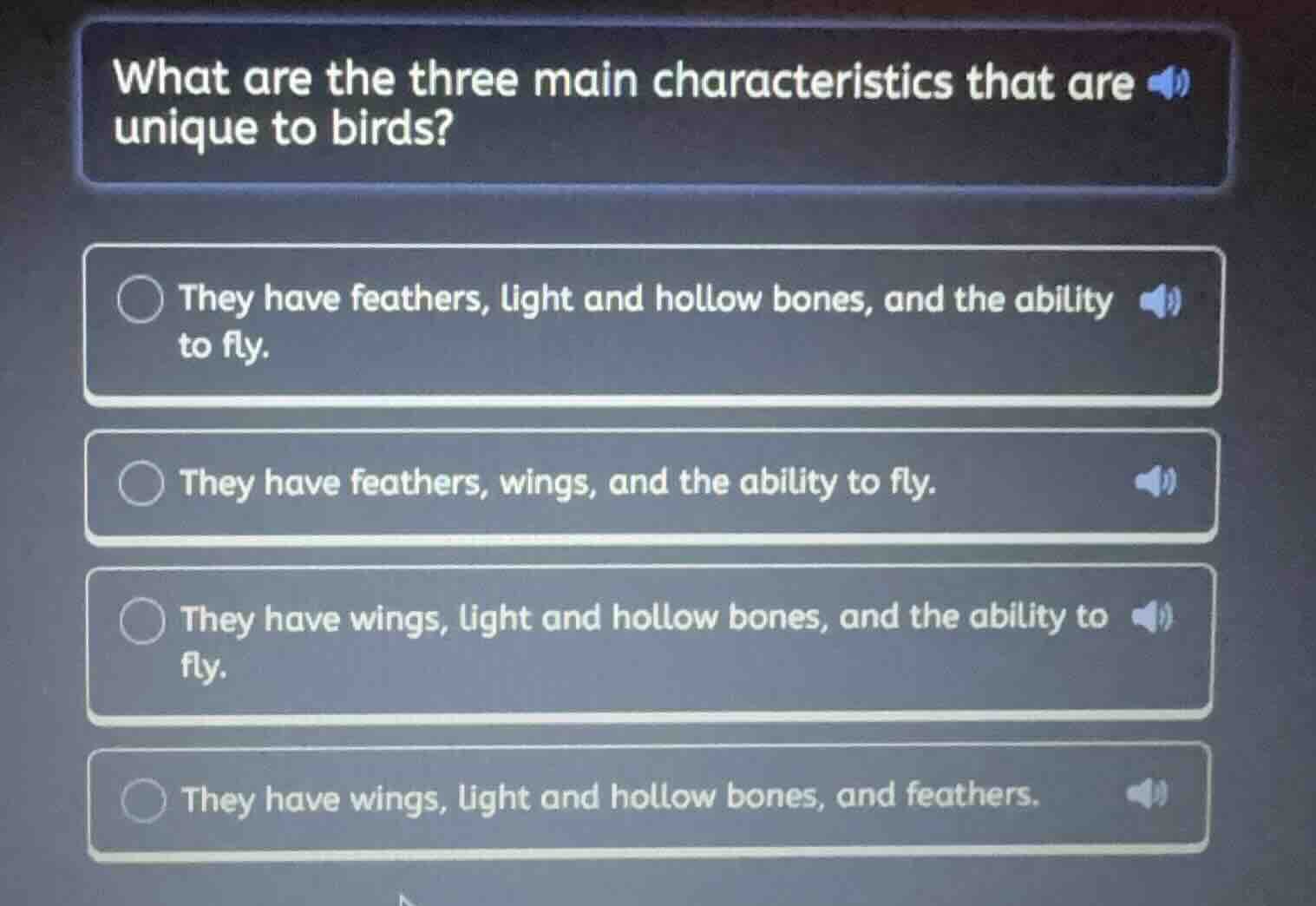 what are the three main characteristics that are unique to birds? they …