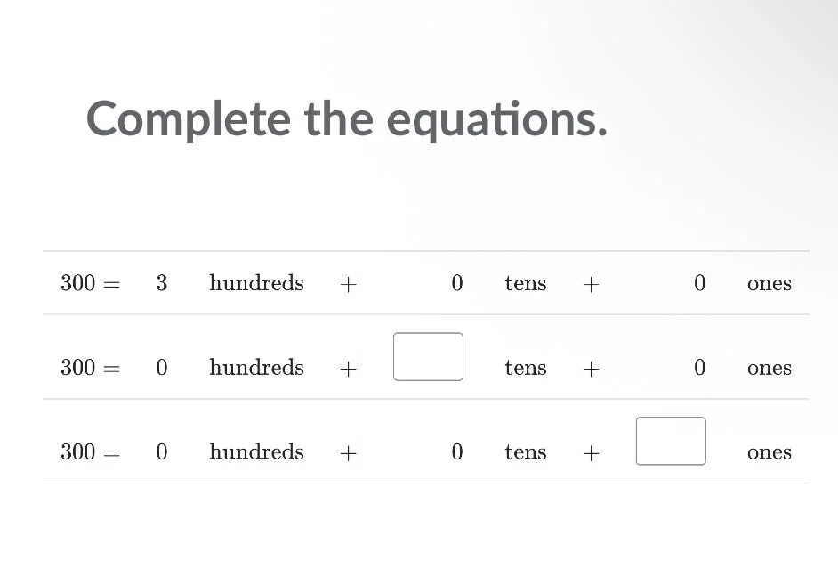 complete the equations. 300 = 3 hundreds + 0 tens + 0 ones 300 = 0 hund…