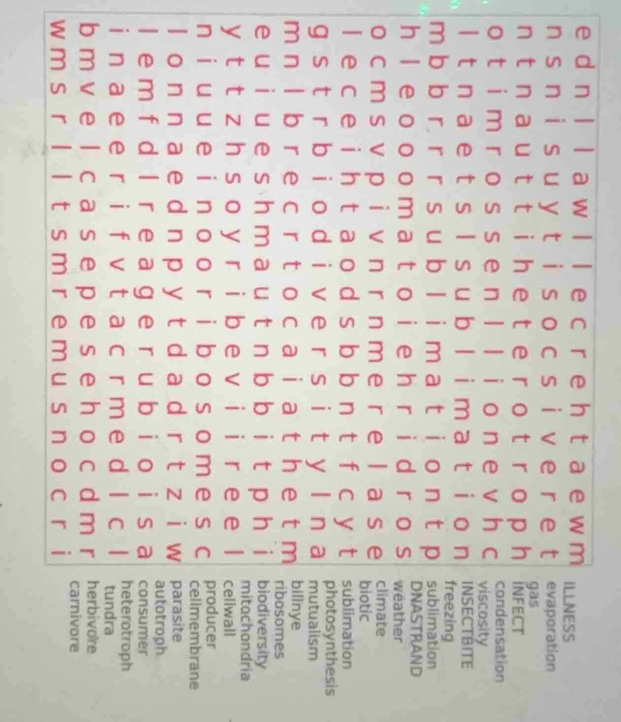 （此处为字母矩阵，下方有单词列表：illness、evaporation、gas、infect、condensation、viscosity、…