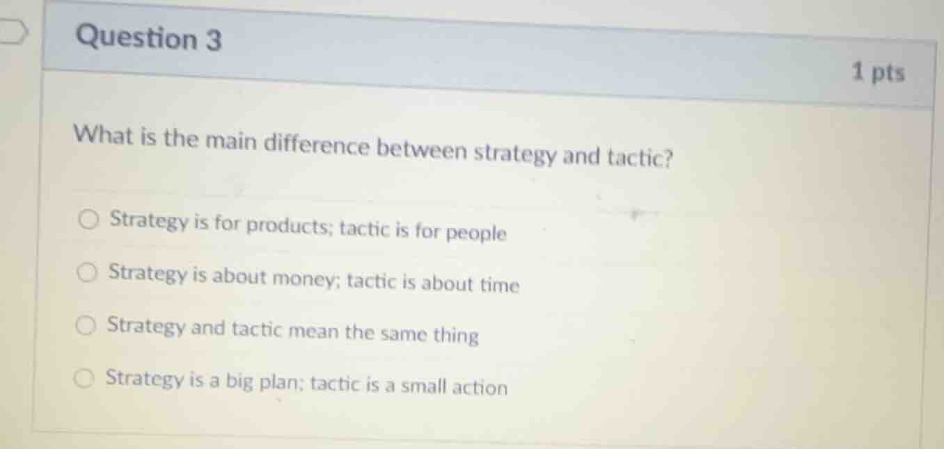 question 3 1 pts what is the main difference between strategy and tacti…