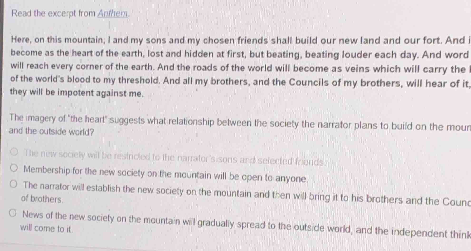read the excerpt from anthem. here, on this mountain, i and my sons and…