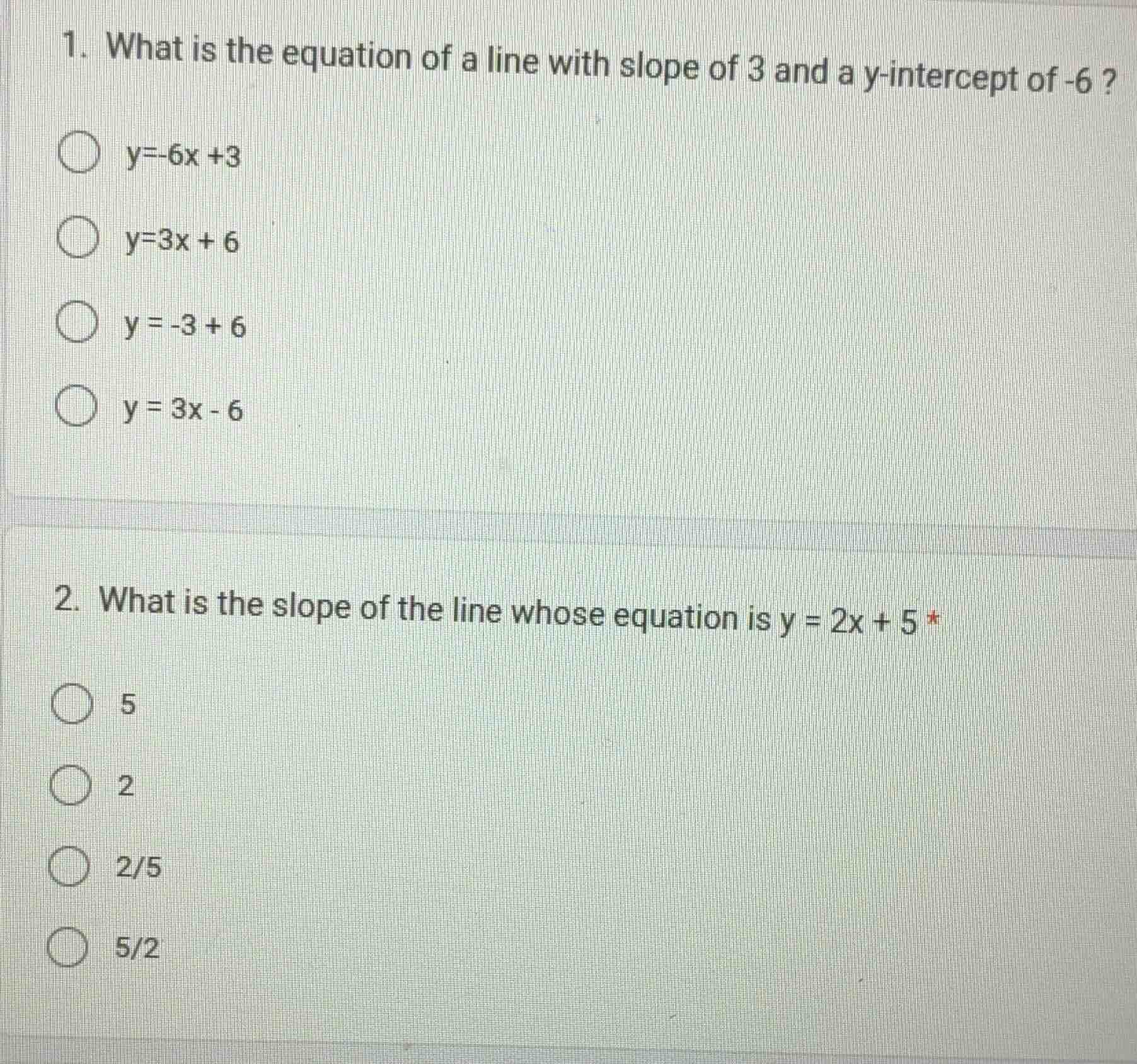 1. what is the equation of a line with slope of 3 and a y-intercept of …